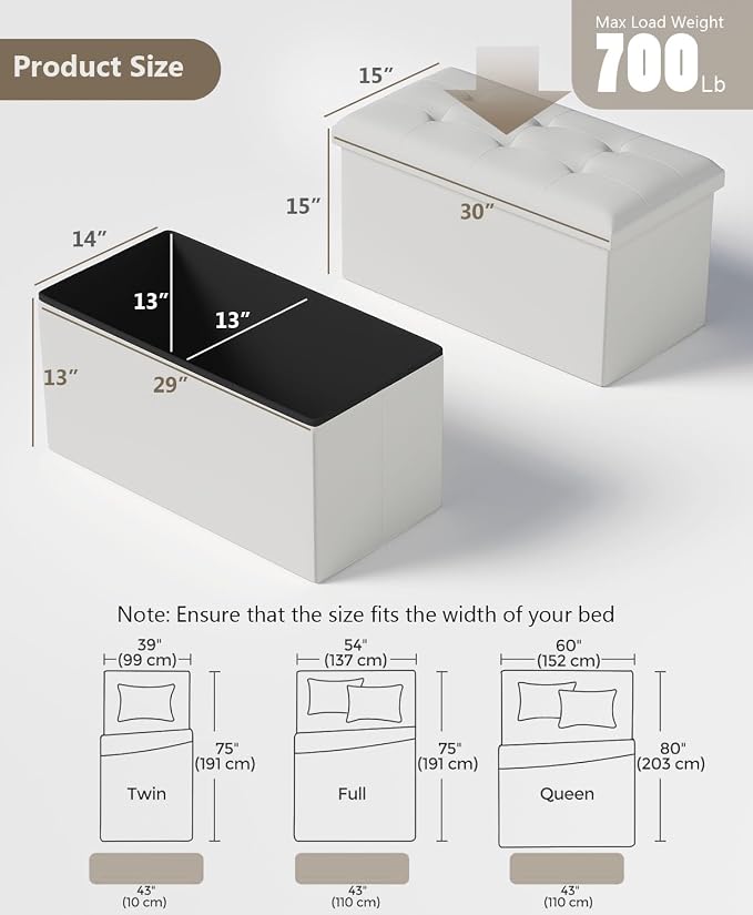 Folding Storage Ottoman Bench, White, 30 Inches | Multi-Functional Ottoman Foot Rest, End of Bed Bench, Storage Chest, Living Room, Bedroom, Hallway, Entryway, 600 lb Capacity