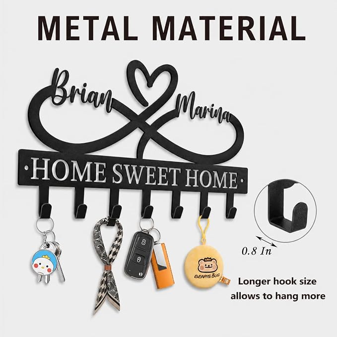 Personalized Couple Key Holder for Wall, Custom Heart Name Hooks | Heart infinity metal key rack for bedroom decor, rust-resistant finish, ideal wedding, anniversary and new home gift