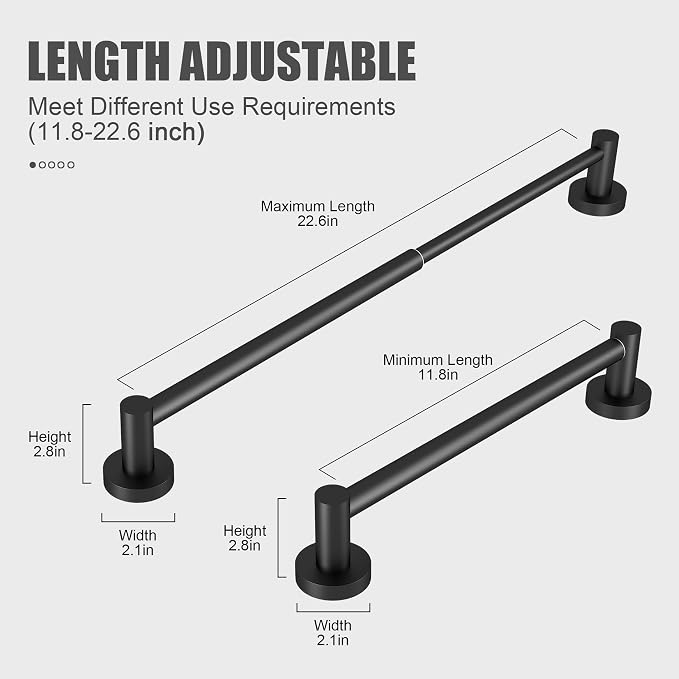 Towel Bar - Adjustable 304 Stainless Steel Towel Holder for Bathroom | Sturdy and Rustproof Wall Mounted Towel Rack for Bathroom Accessories(11.8inch-22.6inch) , Black