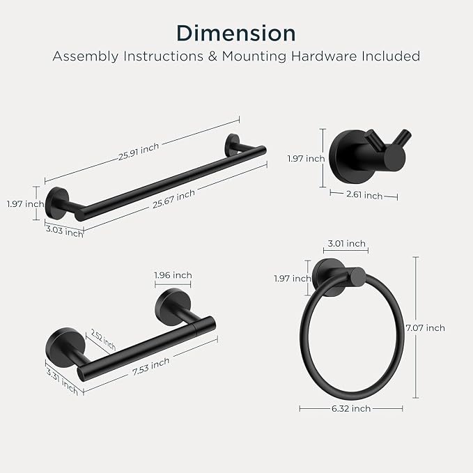 FORIOUS Bathroom Accessories, 8-Piece Bathroom Hardware Set - 24" Towel Bar | Matte Black | Towel Hooks, Towel Racks for Bathroom, Toilet Paper Holder Wall Mounted & Towel Ring | SUS304 Stainless Steel