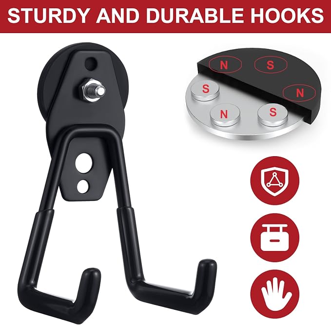 Landhoow 6 Pcs Large Magnetic Hooks Heavy Duty Garage Magnet Hooks Strong Storage Utility Magnetic Hangers with Anti Slip Rubber Coating for Indoor and Outdoor Hanging (Black)