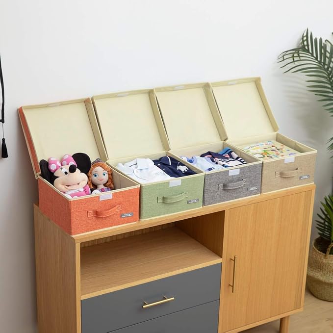 YueYue Fabric Storage Bins with Lids Small 4 Pack, Linen Foldable Storage Box with lids 4 Color Set 12.4in/12in/6.7in