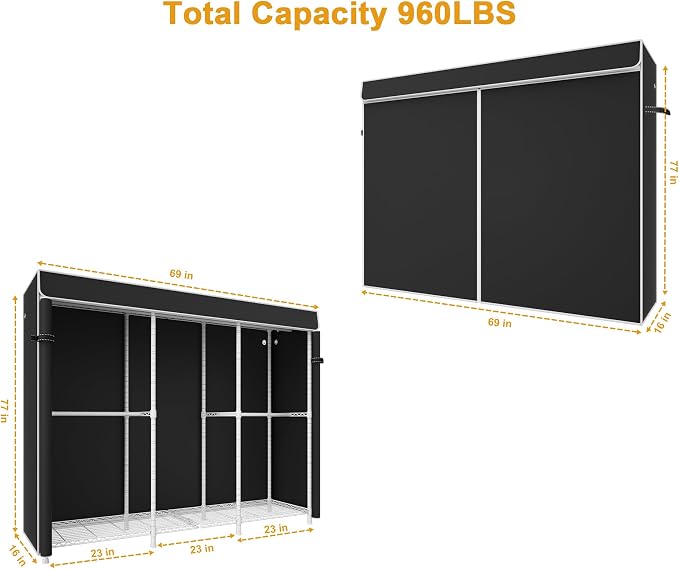 E14C Pro Heavy Duty Closet Organizer System，Freestanding Clothing Racks for Hanging Clothes，Adjustable Garment Rack 69" W × 16" D × 77" H Hold 960 lbs，White Rack with Black Dustproof Cover