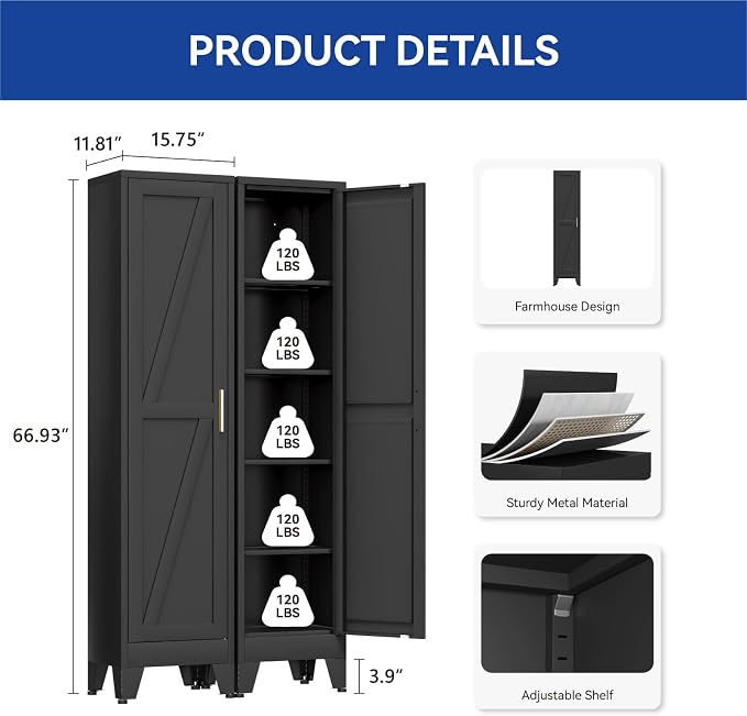 COFaR 67'' Tall Slim Bathroom Storage Cabinet, Metal Narrow Pantry Cabinet with 4 Adjustable Shelves and One Door, Skinny Cabinet Storage for Kitchen Laundry, Black Farmhouse 5 Tiers