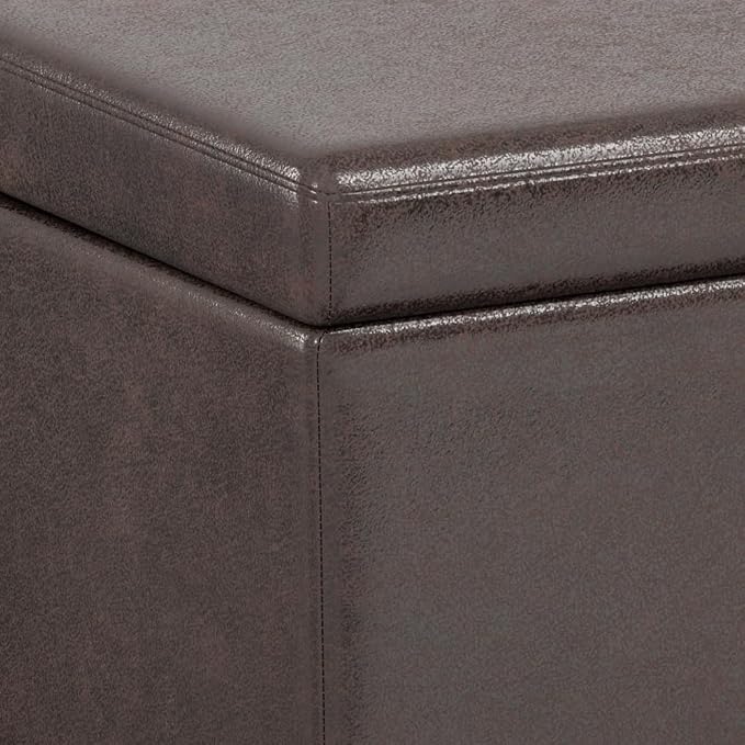 SIMPLIHOME Bretton 43" Wide Polyester Fabric Storage Ottoman in Umber Brown | Contemporary lift-top ottoman with high-density foam; rectangle storage bench or coffee table for living room or entryway.