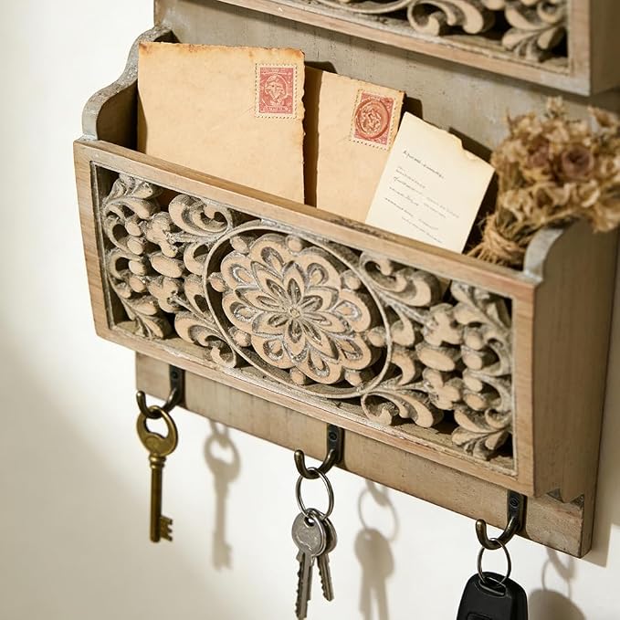 Rustic Key and Mail Holder for Wall Home Decorative,2-Slot Mail Organizer Wall Mount with 3 Hooks, Wooden Key Hangers Wall File Organizer Letter Sorter for Letter Magazines（Brown）