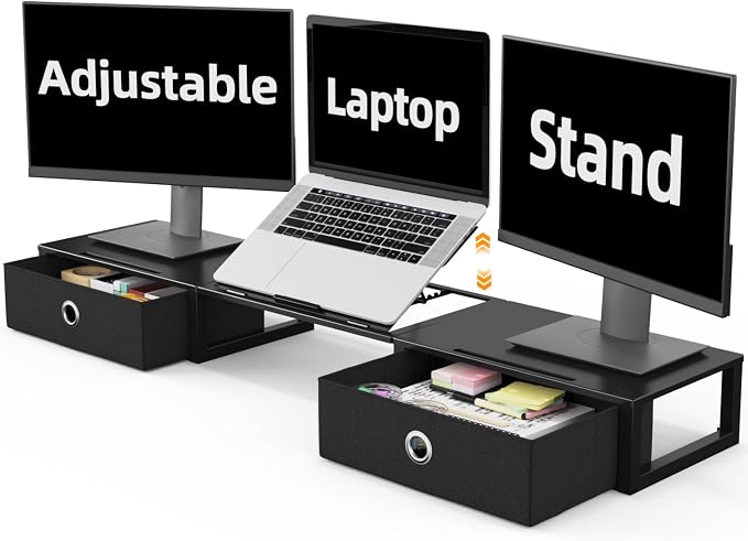WESTREE Monitor Stand Riser with Adjustable Laptop Stand Riser, Steel Frame Dual Monitor Stand with Two Drawers for 2 Monitors, Desktop Oraganizer Stand for Computer,Laptop,Screen
