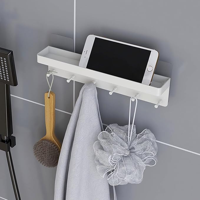 MKO Key Holder Wall Mount, Adhesive Key Hanger with 6 Hooks for Wall, White | Metal Material, Key Rack with Shelf, Wall Mount, Mail Organizer Tray, Suitable for Entryway, Hallway, Living Room