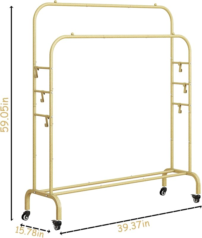 SUOERNUO Clothes Rack with Lockable Wheels Double Rods Metal Garment Racks | Portable Heavy-Duty Clothing Rack with Bottom, Rolling Clothes Shelves for Bedroom Laundry Living Room, Gold