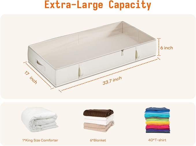 Vailando Storage Containers, 8 Inches Tall 80L Underbed Storage Bins with Sturdy Handles and Sidewalls, Closet Organizer for Clothes, Blankets, Seasonal Items, Beige, 2-Pack