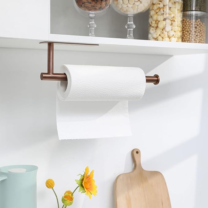 theaoo Under Cabinet Paper Towel Holder for Kitchen,Self-Adhesive,Rose Gold | Wall Mounted Paper Towel Roll Rack for Bathroom or Kitchen, SUS304 Stainless Steel, Install with Adhesive or Screws