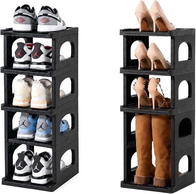 5 Tiers Vertical Shoe Rack for Closet Narrow Shoe Holder Storage Organizer, Plastic Free Standing Shoe Rack Shelf for Entryway Stackable Stability DIY, Black