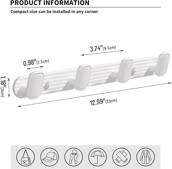 Coat Rack Wall Mount White, 4 Hooks Rack Metal Coat Hanger Wall for Hanging Hat Purse and Robes, Towel Hook for Bathrooms and Entryway (1 Pack)