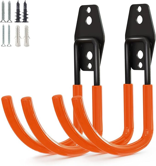 GeeWatom Garage Storage Utility Hooks，Garage Garden Tool Organizer，Steel Wall Mount Hooks, Large Garden U Hooks （2 Pack） (Type-2-Orange)