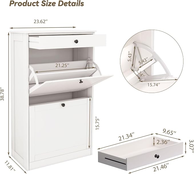FTZxHKLX Shoe Cabinet with 2 Flip Drawers, Slim Shoe Storage Cabinet, White | Freestanding Hidden Shoe Organizer with Drawer, Pet-Proof Shoe Storage Organizer for Entryway Living Room Behind The Door