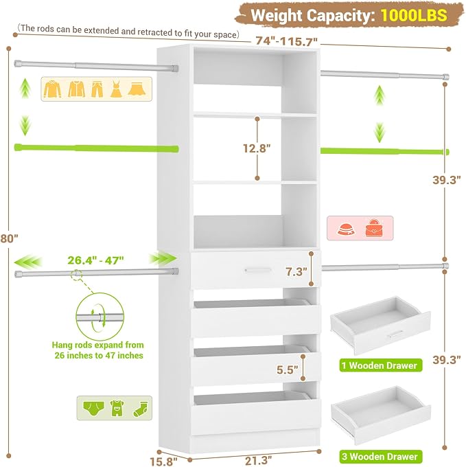 Aheaplus Closet System, 4-9Ft Closet Organizer with 4 Wooden Drawers, Wood Closet Organizer System with Tower, Walk-in Closet Organizer Wardrobe Clothes Rack with 4 Hanging Rods, Garment Rack, White