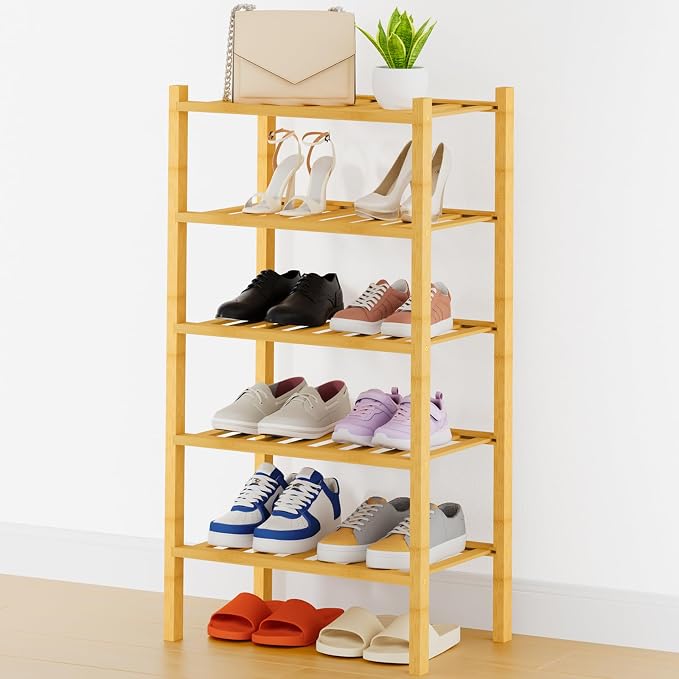 Smiry Bamboo Shoe Rack, 14 Vertical Slats, 5 Tier - 17.3" Wide, Natural | Stackable Free Standing Wooden Shoe Organizer, Wood Shoe Storage Shelf for Closet, Entryway, Thicher Leg