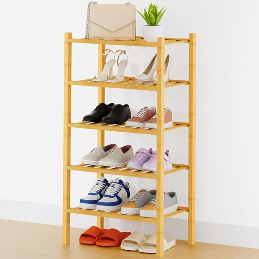 Smiry Bamboo Shoe Rack, 14 Vertical Slats, 5 Tier - 17.3" Wide, Natural | Stackable Free Standing Wooden Shoe Organizer, Wood Shoe Storage Shelf for Closet, Entryway, Thicher Leg