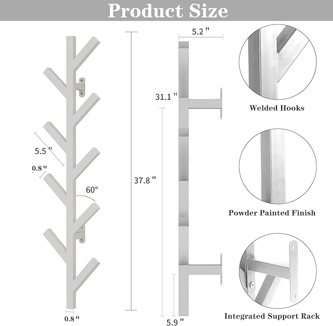 Vlush 2Pack Wall Mounted Coat Rack - 9 Hooks, Modern Metal Design, for Hats, Coats and Bags - Suitable for Entryways and Bedrooms - White (37.9" Height)