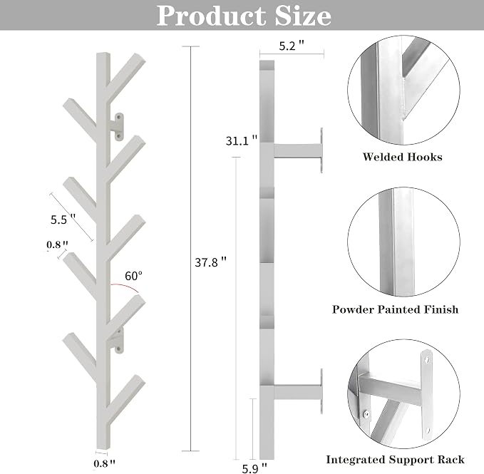 Vlush Wall Mounted Metal Coat Rack with 9 Hooks Modern Minimalist Coat Racks, Upright hat rack for wall for Hanging Clothes, Hats, Hanging Bags and Scarves Entrance Wall Iron Coat Rack (White)