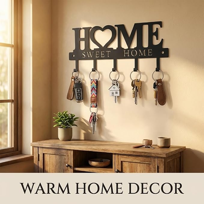 Key Holder Hooks Organizer Hanger Rack Wall Mounted Sweet Home Metal Decor Stylish and Practical for Entryway Front Door Kitchen Hallway Garage Mudroom Office Hardware Included Black (Sweet 13 inches)