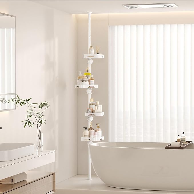shuang qing 4-Tier Corner Shower Caddy Tension Pole Organizer - Adjustable Rustproof Metal Tension Pole, Plastic Shelves with Safety Guardrail, Bathroom Storage for Shower & Bathtub(White)