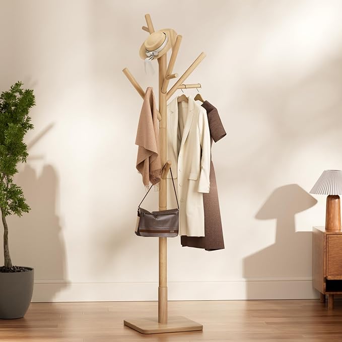 Solid Wood Coat Rack - Freestanding Coat Hat Rack Stand with 14 Hooks, Clothes Rack Heavy Duty Space Saving Entryway Coat Tree Hanger Rack for Coats Jackets Hats Bags, Adjustable Height (Natural)