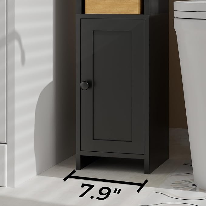 Homhedy Small Bathroom Storage Cabinet, Narrow Toilet Paper Cabinet | Corner Floor Cabinet with Door and Shelves, Slim Bathroom Cabinet for Small Spaces, 9.8" D x 7.9" W x 31" H, Black