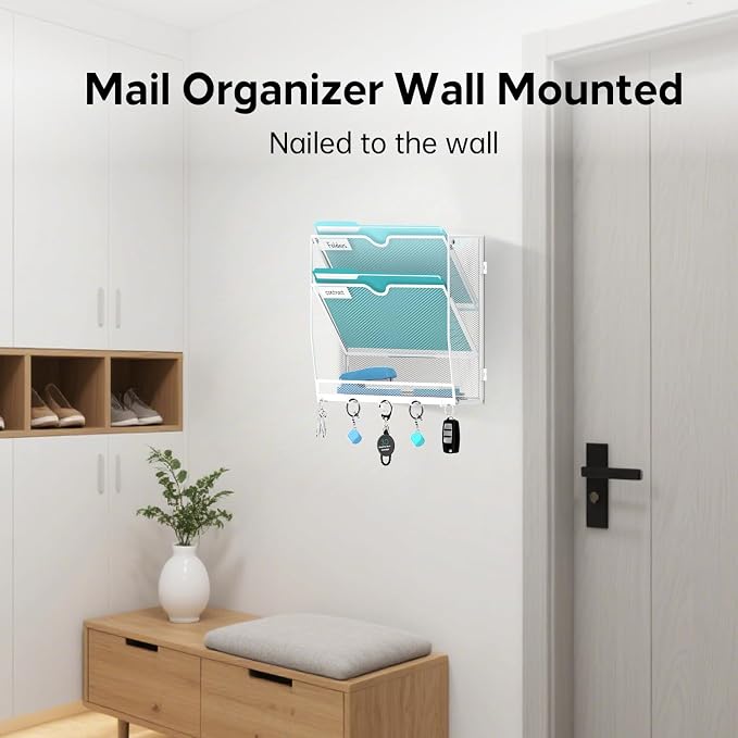 Wall File Organizer - Hanging File Organizer with 5 Hooks, Mail Holder Wall Mounted for Papers, Folders, Magazines, Bills, 3 Tier Office&School Organization, White