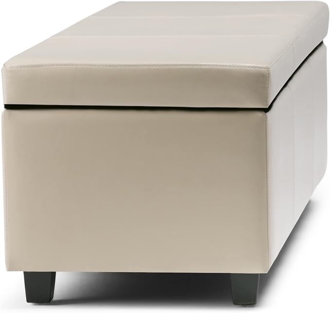 SIMPLIHOME Avalon Storage Ottoman Bench - 48" Wide x 16" High Upholstered Vegan Leather Rectangular Lift-Top Ottoman in Satin Cream, Contemporary Storage Bench for Living Room with High-Density Foam