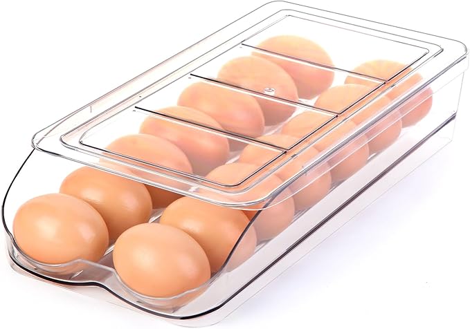 RoskDeewat Egg Holder for Fridge, Automatic Rolling Egg Container -1 Tier | Stackable Fridge Organizers and Storage with Lid, Sturdy Clear Plastic Egg Dispenser & Tray for Refrigerator
