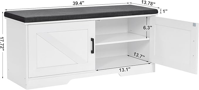 HOMSHO Farmhouse Shoe Storage Bench with 2 Barn Doors & Padded Seat Cushion | 39.4" Wide Entryway Bench with Adjustable Shelves & Hidden Storage, White