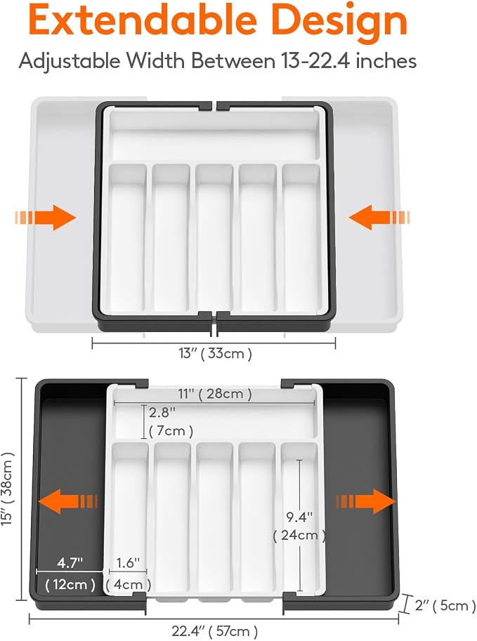 Lifewit Extra Large Silverware Drawer Organizer, Expandable Utensil Tray for Kitchen, BPA Free Flatware Cutlery Holder, Adjustable Plastic Storage for Spoons Forks Knives, 13-22 x 15, White&Black