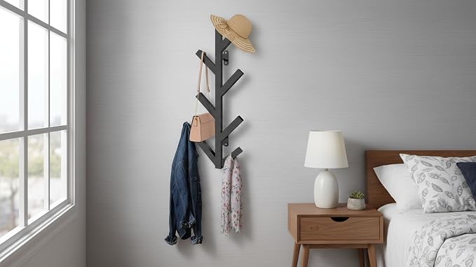 Vlush Wall Mounted Metal Coat Rack with 6 Hooks Modern Minimalist clothes rack, Upright Coat Rack for Hanging Clothes, Hats, Hanging Bags and Scarves Entrance Wall Iron Coat Racks (Black)