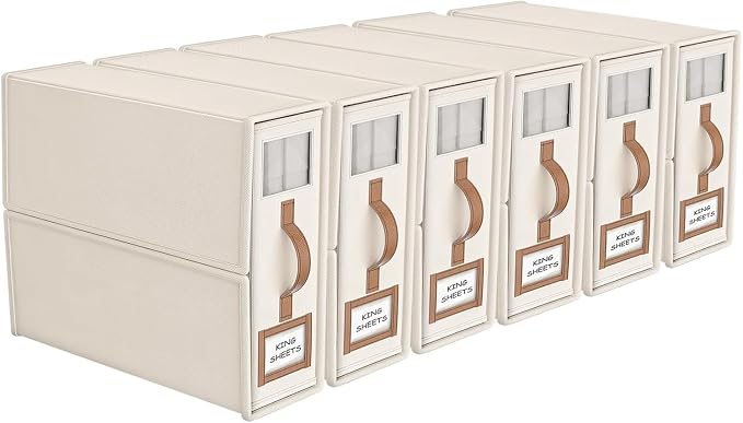 6 Pack Foldable Bed Sheets Set Organizers and Storage(King & Queen Size),Linen Fabric Closet Organizers with Window,Folding Bedding Storage Box for Bedsheets and Pillow Cube Organizer-Beige