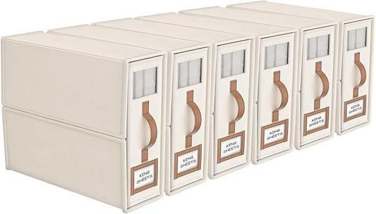 6 Pack Foldable Bed Sheets Set Organizers and Storage(King & Queen Size),Linen Fabric Closet Organizers with Window,Folding Bedding Storage Box for Bedsheets and Pillow Cube Organizer-Beige