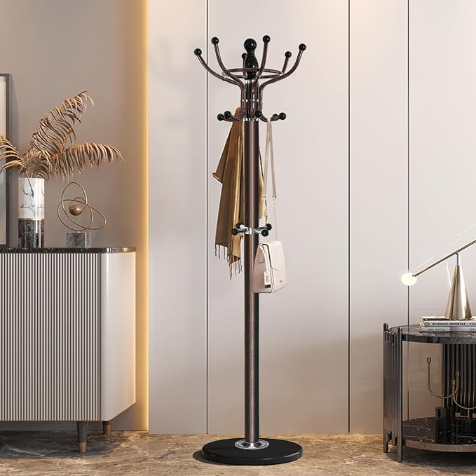 Kertnic Freestanding Coat Rack with 16 Hooks & Marble Base - Heavy Duty Metal Hall Tree Stand for Entryway, Hats, Coats, Bags Rack- Modern Hanger Organizer for Home, Office, Dorm (16 hooks -Bronze)