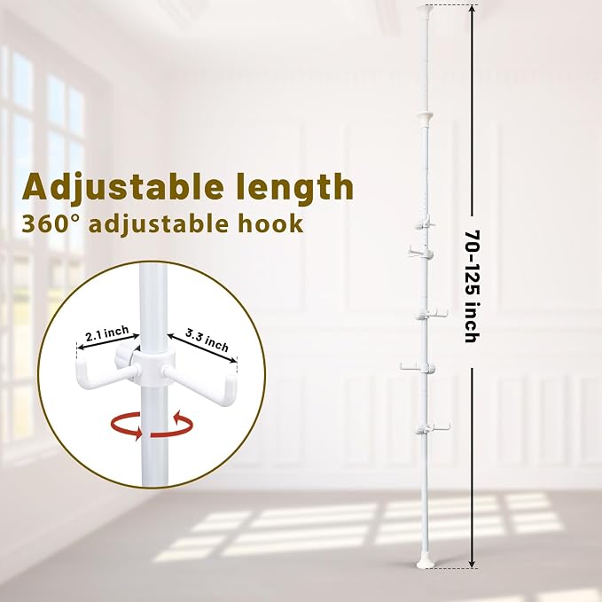 Coat Rack Freestanding,Adjustable 56-125 inch Tension Rod Tree 12 Hooks Hanger Stand for Coat Hat Bedroom Livingroom Kitchen Bathroom Apartment Entryway Hall Office white