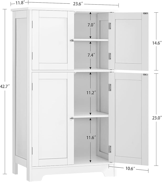 Bathroom Floor Storage Cabinet, Freestanding Bathroom Storage Unit with 2 Adjustable Shelves & 4 Doors, White