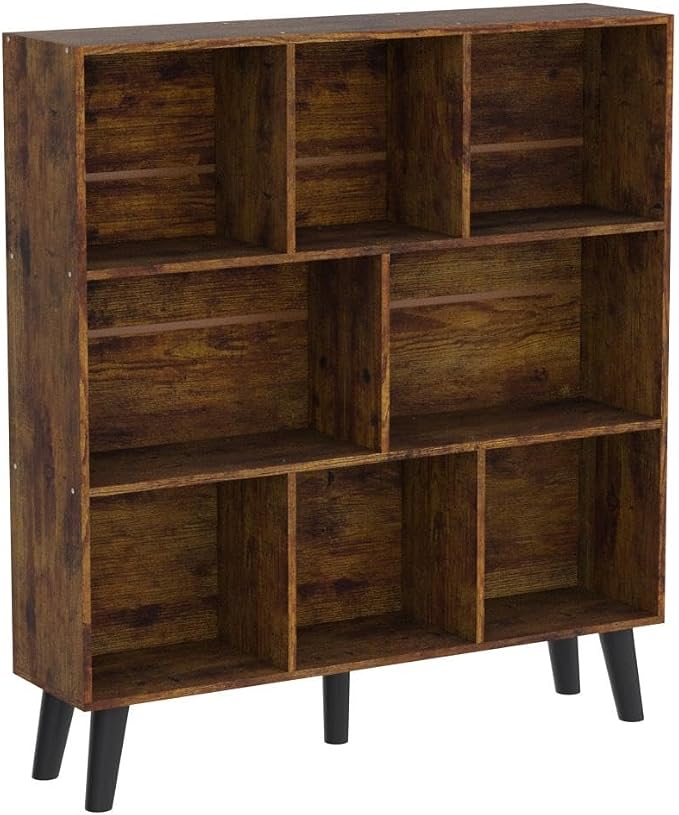 LEYAOYAO 8 Cube Bookshelf, Mid-Century Modern Book Shelf with Legs, Brown | 3 Tier Bookcase, Rustic Wood Bookshelves Freestanding Large Storage Organizer, Open Shelves for Bedroom, Living Room, Office