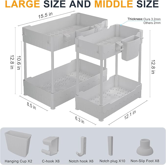Sevenblue 2-Pack Under Sink Organizer with Hooks & Hanging Cup for Kitchen | Multi-use kitchen & bathroom storage, 12.8 inch grey cabinet organizer, with hooks and hanging cup for easy access.