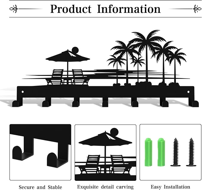 Tropical Style Key Holder Wall Mount with 7 Hooks, Key Hanger Organizer for Front Door, Hallway, Entryway & Office Decor, Featuring Sunset and Coconut Tree Design