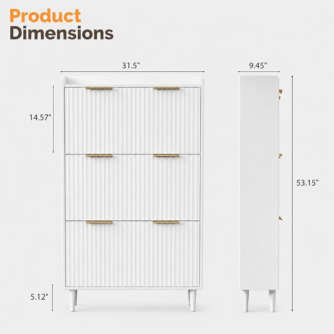 VINGLI White Fluted Shoe Storage Cabinet for Entryway with 3 Flip Drawers, Narrow Shoe Organizer with Fluted Panel, Modern Freestanding Wood Shoe Cabinet for Foyer, Hallway (White, 3 Flip Drawers)