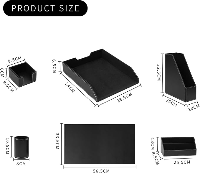 Office Supplies PU Leather 6-Piece Set Desk Organizer,Include Writing Pad,Letter Tray,file folder Sorter/Magazine Holder,Pen Cup,Note Holder,Business Card Holder,Man/Woman Office Gift,Black