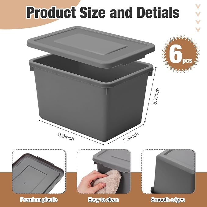 Potchen 6 Pcs Pack Small Stackable Storage Bins with Lids Plastic Storage Boxes for Classroom 9.8" ×7.3" ×5.7" Decorative Organizer Bins for Craft Art Office Teacher Supplies (Grey)