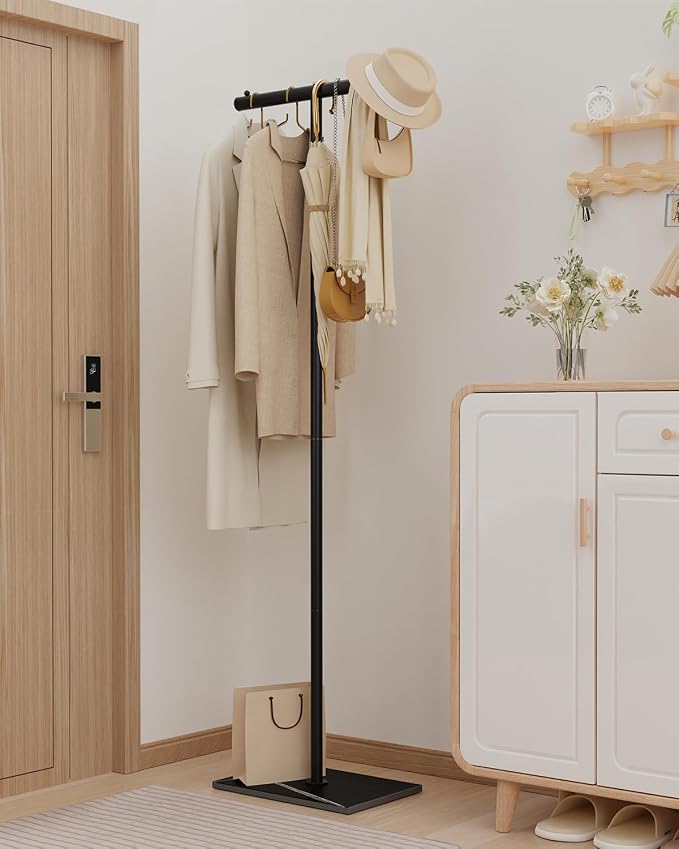 OUTBROS Coat Rack Freestanding, 68.9" High Small Clothes Rack, Black | Clothing Rack with Rock Slab Base, Heavy-duty Metal Coat Hanging Rack for Boutiques, Hallway, Entryway