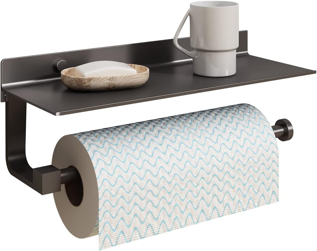 Paper Towel Holder Wall Mount - for Bathroom Hand Towel Holder for Bathroom Black Paper Towel Holder with Shelf Grey