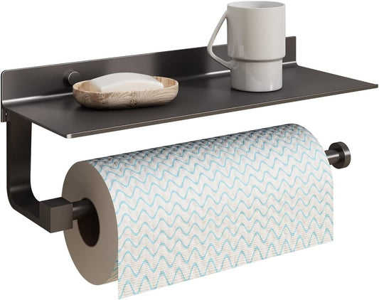 Paper Towel Holder Wall Mount - for Bathroom Hand Towel Holder for Bathroom Black Paper Towel Holder with Shelf Grey