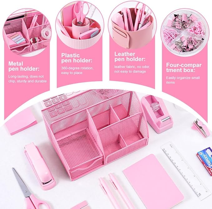 Gawsey Desk Organizers and Accessories with Desk Organizer 360° Rotating Pen Holder and Office Supplies, Cute Stationery Supplies Set (Pink)