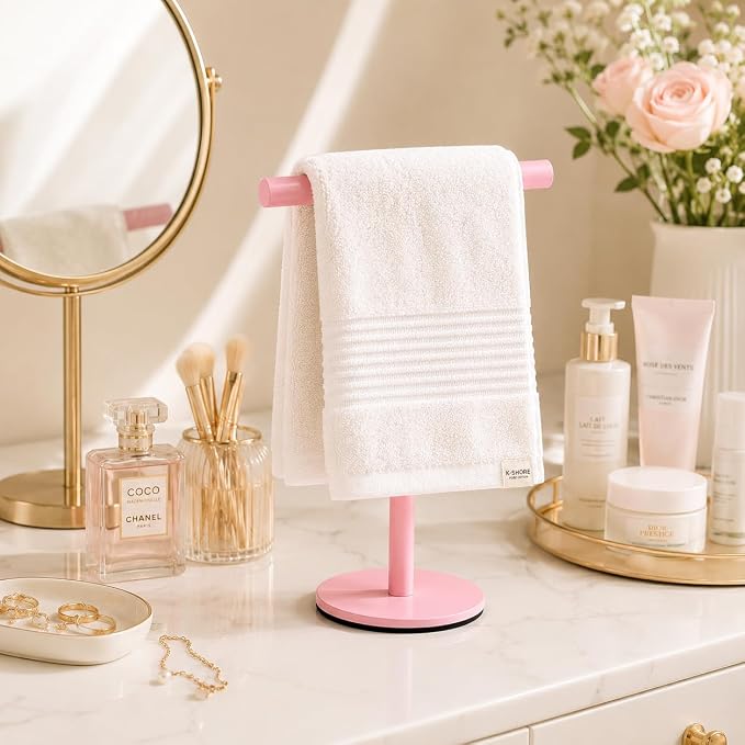 Pink Bathroom Hand Towel Holder Stand，T-Shape Hand Towel Holder Stand SUS304 Stainless Steel for Bathroom，Kitchen or Vanity Countertop